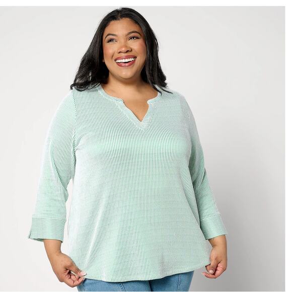 Joan Rivers Knit Seersucker 3/4-Sleeve Pullover Top - Green and White, Size XL - Picture 1 of 7